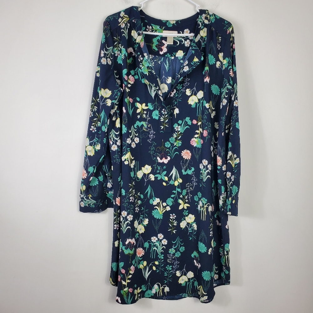 LOFT Navy Floral Long-Sleeve Shift Dress